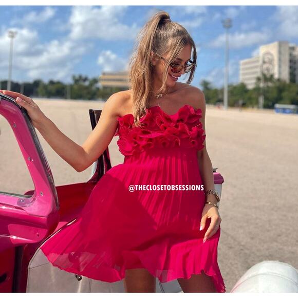 ZARA Red Pleated Mini Dress NWT | Blogger Fave Ruffle Straight Neck - Picture 4 of 16